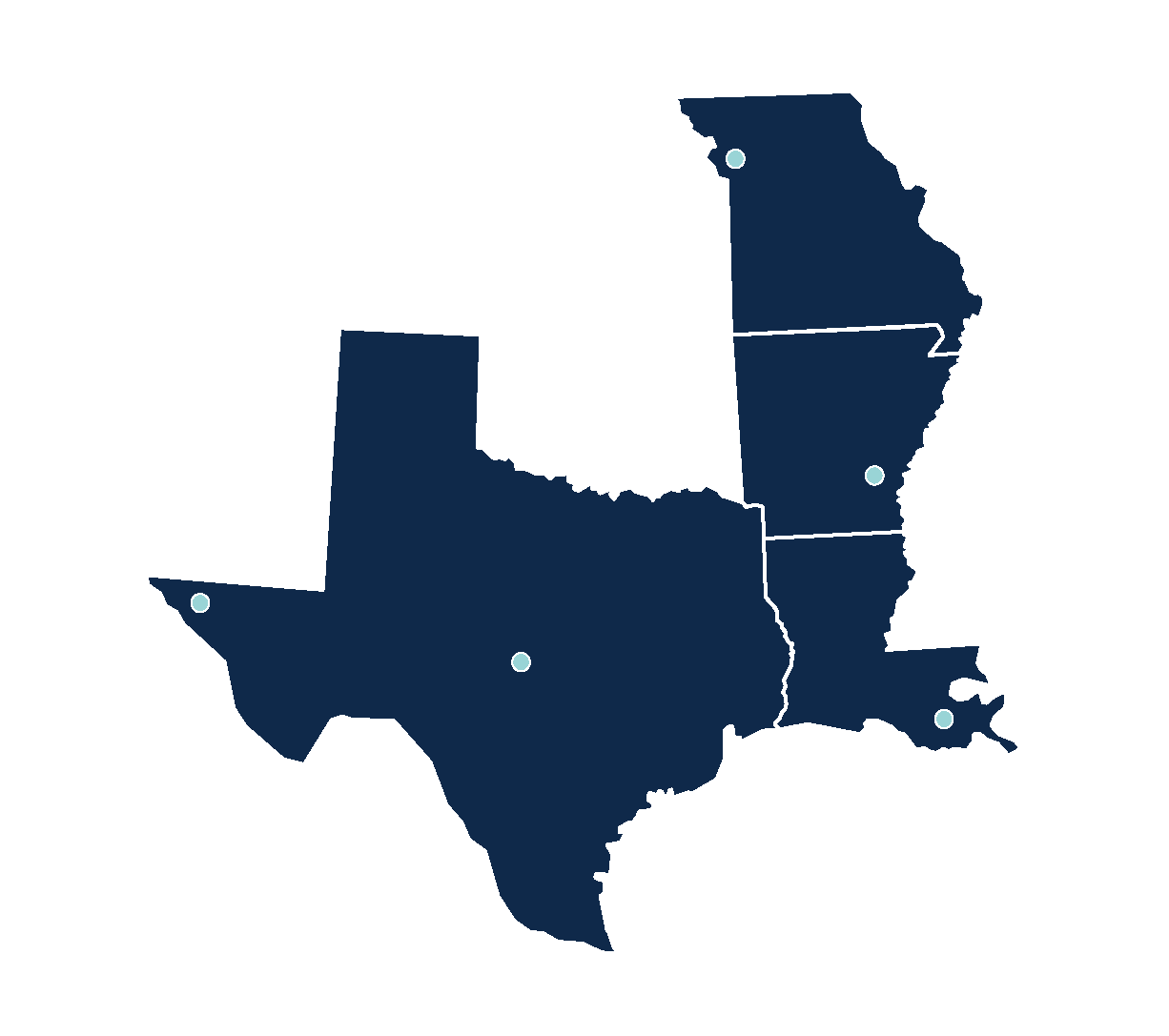 A United States map highlighting the states where Ascension operates. The highlighted states are: Arizona, Texas, Oklahoma, Kansas, Missouri, Arkansas, Louisiana, Illinois, Michigan, Indiana, Kentucky, Tennessee, Georgia, Florida, New York, Maryland, and Delaware.